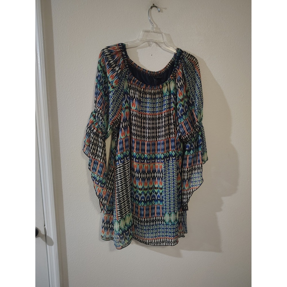 New Directions Women XL Geometric Tribal Print Bell Sleeve Tunic Top Multi-Color